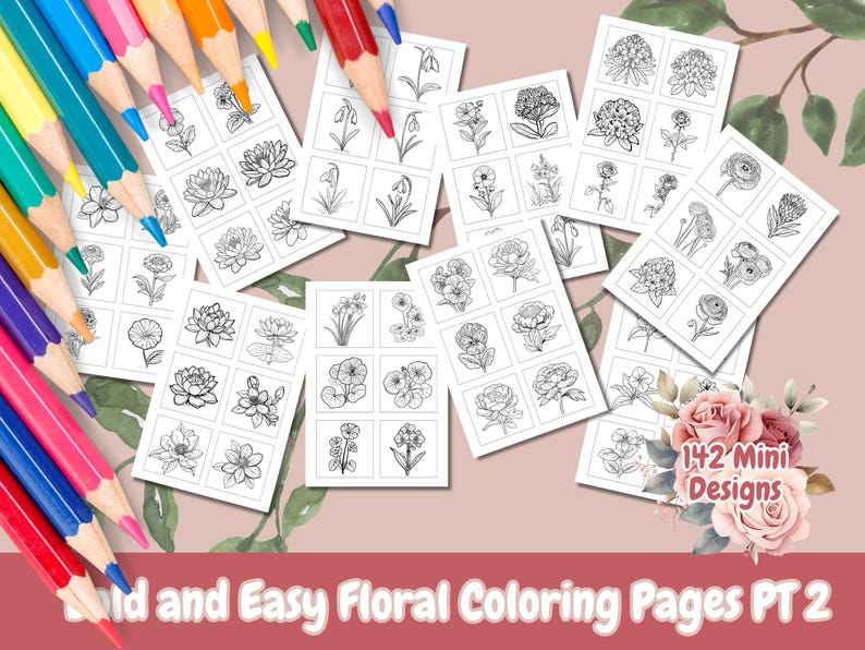 Pu&ograve; includere: Un set di 142 mini pagine da colorare floreali. Le pagine sono disegni in bianco e nero di vari fiori. Le pagine sono disposte in una griglia. Il testo "142 Mini Designs" &egrave; visibile nell'angolo in basso a destra dell'immagine.