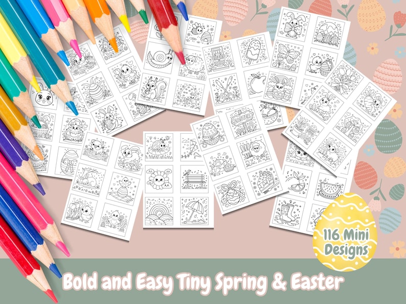 May include: A set of 116 black and white mini coloring pages featuring spring and Easter themes. The pages are printed on white paper and are ready to be colored. The pages include images of bunnies, eggs, flowers, and other spring and Easter symbols. The text "116 Mini Designs" is printed on a yellow egg shape in the bottom right corner of the image. The text "Bold and Easy Tiny Spring & Easter" is printed in black at the bottom of the image.