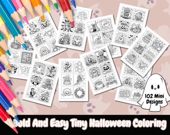 Pagine da colorare di Halloween piccole, audaci e facili, 102 mini disegni, da colorare per bambini e adulti, pagine da colorare per adulti, fantasma carino, Halloween