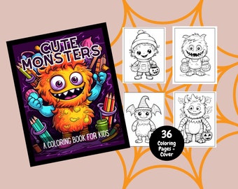 Cute Halloween Monsters Coloring Book For Kids, Kids Coloring Book, Printable Coloring Pages, Halloween, Cute Monsters, Halloween Coloring