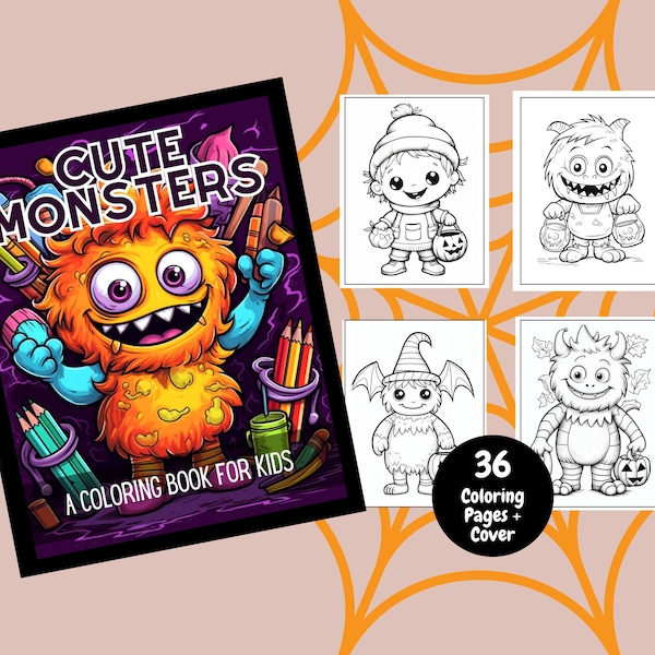 Cute Halloween Monsters Coloring Book For Kids, Kids Coloring Book, Printable Coloring Pages, Halloween, Cute Monsters, Halloween Coloring