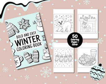 May include: Black and white colouring book cover with the title "Bold and Easy Winter Colouring Book". The cover features a variety of winter-themed illustrations, including a snowman, a snowflake, a mitten, a cup of hot cocoa, and a candle.