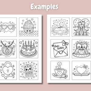 Pode incluir: P&aacute;ginas para colorir em preto e branco com v&aacute;rias ilustra&ccedil;&otilde;es fofas com um tema de amor. As ilustra&ccedil;&otilde;es incluem um cupcake, um colar de cora&ccedil;&atilde;o, uma fechadura e uma chave, um bolo de anivers&aacute;rio, uma carta de amor, um casal de focas, um casal de girafas, um casal de gatos, uma x&iacute;cara de caf&eacute; e um livro com um cora&ccedil;&atilde;o.