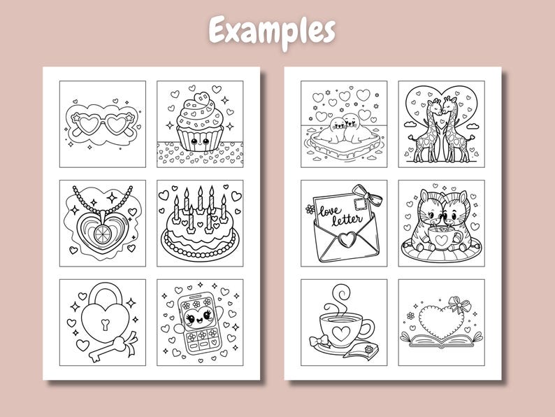 Pode incluir: P&aacute;ginas para colorir em preto e branco com v&aacute;rias ilustra&ccedil;&otilde;es fofas com um tema de amor. As ilustra&ccedil;&otilde;es incluem um cupcake, um colar de cora&ccedil;&atilde;o, uma fechadura e uma chave, um bolo de anivers&aacute;rio, uma carta de amor, um casal de focas, um casal de girafas, um casal de gatos, uma x&iacute;cara de caf&eacute; e um livro com um cora&ccedil;&atilde;o.