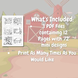 Pu&ograve; includere: Illustrazioni in bianco e nero di animali da fattoria, tra cui un cane, una mucca, un cavallo, una pecora e un gallo. Le illustrazioni sono disposte in una griglia su uno sfondo bianco. Il testo "What's Included: 3 PDF Files containing 12 Pages with 72 mini designs Print As Many Times As You Would Like" &egrave; visibile nell'immagine.