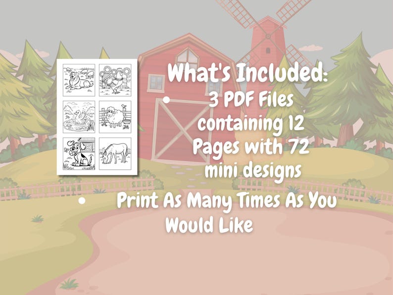 Pu&ograve; includere: Illustrazioni in bianco e nero di animali da fattoria, tra cui un cane, una mucca, un cavallo, una pecora e un gallo. Le illustrazioni sono disposte in una griglia su uno sfondo bianco. Il testo "What's Included: 3 PDF Files containing 12 Pages with 72 mini designs Print As Many Times As You Would Like" &egrave; visibile nell'immagine.