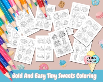 大胆で簡単な小さなお菓子の塗り絵、93 のミニデザイン、子供と大人の塗り絵、デザートの塗り絵、お菓子の塗り絵、印刷可能