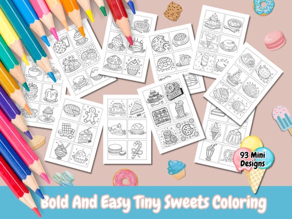 Bold and Easy Tiny Sweets Coloring Pages, 93 Mini Designs, Kids and Adult Coloring,  Dessert Coloring Pages, Sweets Coloring, Printable