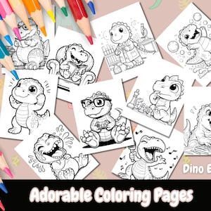 May include: A set of black and white coloring pages featuring adorable dinosaurs in various activities, such as reading, playing video games, and singing. The pages are labeled "Dino Edition" and "Adorable Coloring Pages".