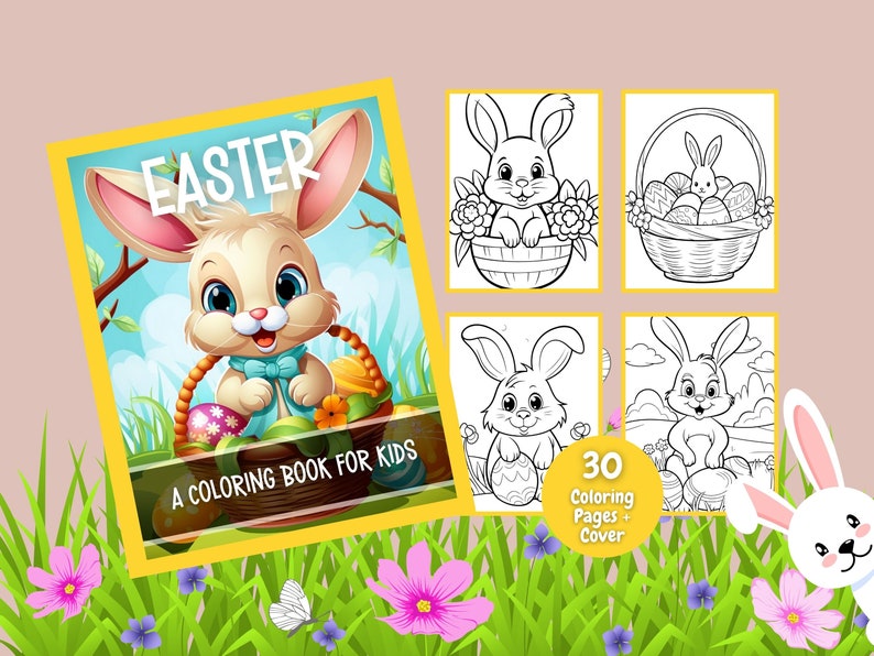 May include: A coloring book for kids featuring an Easter bunny holding a basket of eggs. The cover features the text "Easter" and "A Coloring Book for Kids". The book includes 30 coloring pages and a cover.