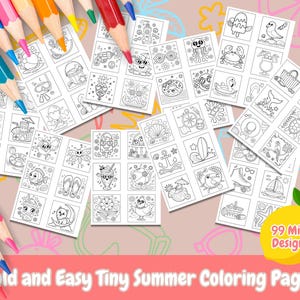 May include: A set of 99 printable coloring pages featuring small, simple summer-themed illustrations. The pages are designed for easy coloring and include images of ice cream, flip flops, seashells, and more.