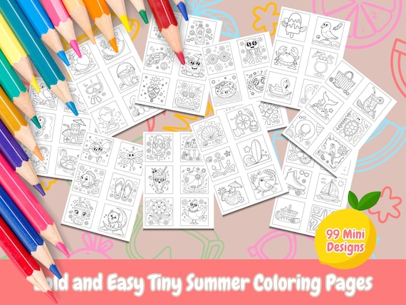 Bold and Easy Tiny Summer Coloring Pages, 99 Mini Designs, Kids and Adult Coloring, Retro Coloring Pages, Groovy, Animals, Summer, Printable