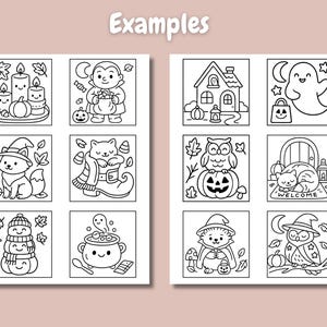 May include: Black and white line art illustrations of Halloween-themed images. The images include a vampire, a ghost, a cat in a witch's hat, a snowman, and a cauldron. The word "Examples" is at the top.