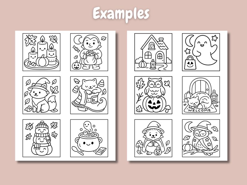May include: Black and white line art illustrations of Halloween-themed images. The images include a vampire, a ghost, a cat in a witch's hat, a snowman, and a cauldron. The word "Examples" is at the top.