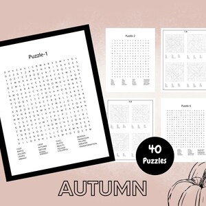 May include: A set of 40 autumn-themed word search puzzles. The puzzles are printed on white paper and feature a variety of autumn-related words, such as "maple", "crisp", "autumn", "beauty", "transitition", "falling", "sweater", "leaves", "golden", "vibrant", "nature", "science", "harvest", "chill", "rustic", "quality", "foliage", "colourful", and "transformation".