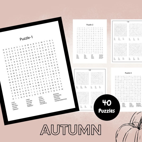 Word Search Puzzle, Fall Word Search, Autumn Puzzle, 40 Printable Puzzle Pages, Puzzles For Adults and Kids, Printable Pages