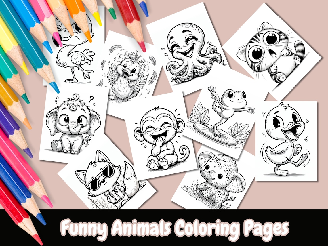 Funny Animal Coloring Pages, Adults and Kids, Instant Download