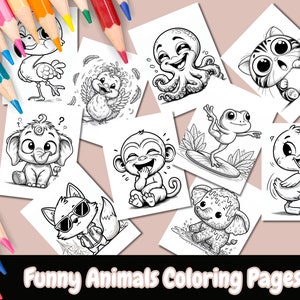 面白い動物のぬり絵、大人と子供、即時ダウンロード、印刷可能な PDF、大人のぬり絵、子供向けのぬり絵、かわいい動物