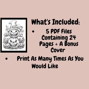 Peut inclure: Une illustration en noir et blanc d'une pile de citrouilles avec un chapeau de sorci&egrave;re sur le dessus. L'image est une page &agrave; colorier imprimable. Le texte "What's Included:" est sur le c&ocirc;t&eacute; droit de l'image. Le texte "5 PDF Files Containing 24 Pages + A Bonus Cover" est sous le texte "What's Included:". Le texte "Print As Many Times As You Would Like" est sous le texte "5 PDF Files Containing 24 Pages + A Bonus Cover".