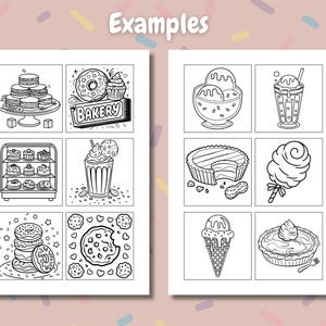 Peut inclure: Illustrations en noir et blanc de divers produits de boulangerie et desserts, notamment des macarons, des beignets, des cupcakes, de la cr&egrave;me glac&eacute;e et des biscuits. Le mot "Examples" est en haut de l'image.