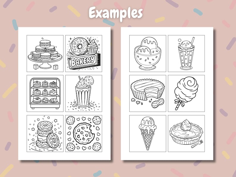 Peut inclure: Illustrations en noir et blanc de divers produits de boulangerie et desserts, notamment des macarons, des beignets, des cupcakes, de la cr&egrave;me glac&eacute;e et des biscuits. Le mot "Examples" est en haut de l'image.