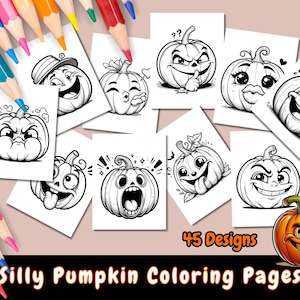 May include: A collection of black and white silly pumpkin coloring pages with various expressions, surrounded by colorful pencils. The image includes a vibrant orange pumpkin illustration and text that reads "45 Designs" and "Silly Pumpkin Coloring Pages".