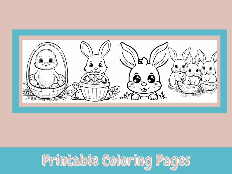 May include: Black and white coloring page featuring a chick in an Easter basket, a bunny holding an Easter basket, and two bunnies in an Easter basket. The text "Printable Coloring Pages" is at the bottom of the page.