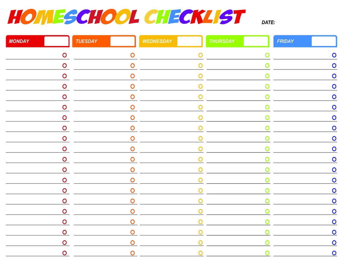 Homeschool Checklist Printable, Daily Tasks List, Homeschool Planner