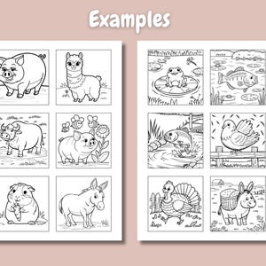 Pu&ograve; includere: Pagine da colorare in bianco e nero con vari animali, tra cui un maiale, un alpaca, un bufalo, una rana, un pesce, una colomba, un tacchino e un asino. Le pagine sono progettate per essere colorate dai bambini.