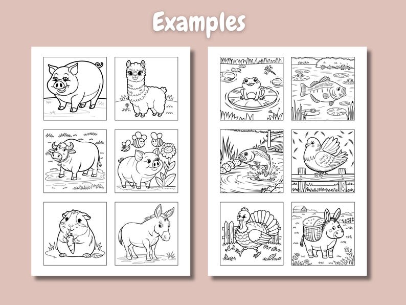 Pu&ograve; includere: Pagine da colorare in bianco e nero con vari animali, tra cui un maiale, un alpaca, un bufalo, una rana, un pesce, una colomba, un tacchino e un asino. Le pagine sono progettate per essere colorate dai bambini.