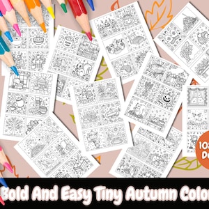 May include: A set of 108 black and white mini coloring pages featuring autumn themes. The pages are arranged in a scattered pattern on a light pink background. The text "108 Mini Designs" is visible in the bottom right corner of the image. The text "Bold and Easy Tiny Autumn Coloring" is visible at the bottom of the image.