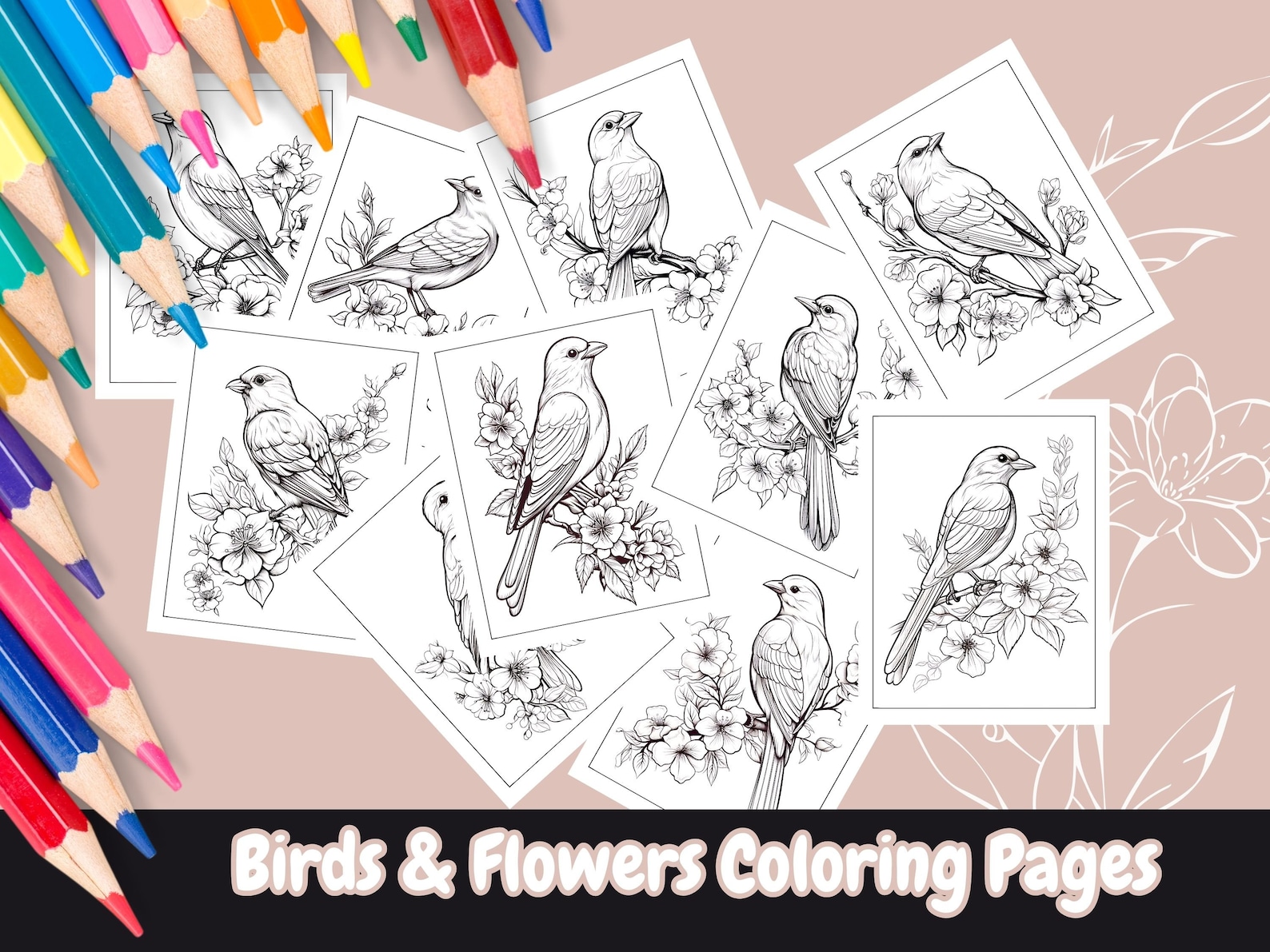 Bird and Flowers Coloring Pages for Adults, Coloring Books, Coloring ...