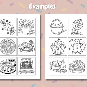 Peut inclure: Illustrations en noir et blanc de divers desserts, dont des bonbons, des cupcakes, de la glace, un bonhomme en pain d'&eacute;pices et un s'more. Le mot "Examples" est &eacute;crit en haut de l'image.