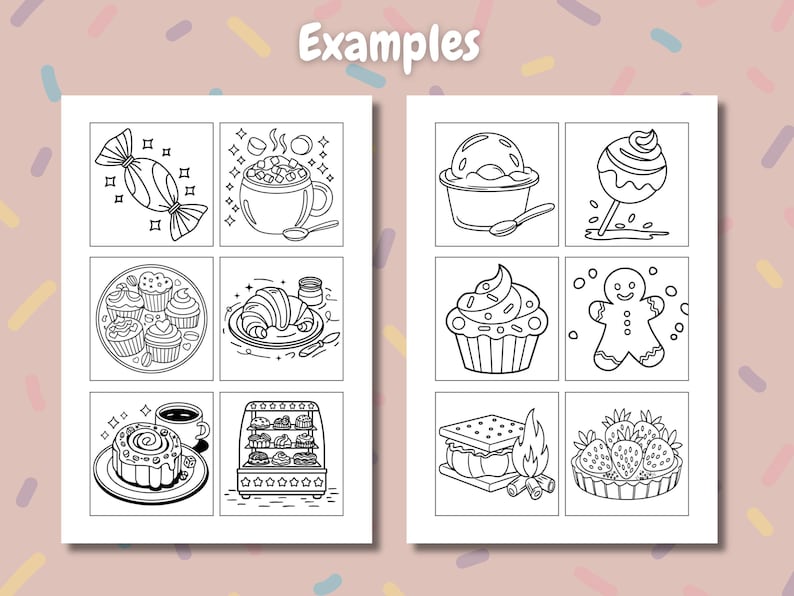 Peut inclure: Illustrations en noir et blanc de divers desserts, dont des bonbons, des cupcakes, de la glace, un bonhomme en pain d'&eacute;pices et un s'more. Le mot "Examples" est &eacute;crit en haut de l'image.