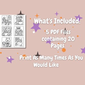 May include: A digital download featuring a collection of Halloween-themed coloring pages. The image includes six black and white illustrations of witches, skeletons, and other spooky characters. Text on the image says "What's Included: 5 PDF Files containing 20 Pages. Print As Many Times As You Would Like."