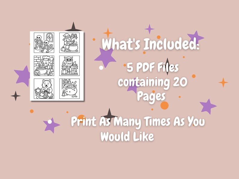 May include: A digital download featuring a collection of Halloween-themed coloring pages. The image includes six black and white illustrations of witches, skeletons, and other spooky characters. Text on the image says "What's Included: 5 PDF Files containing 20 Pages. Print As Many Times As You Would Like."