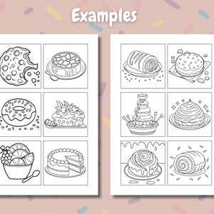 Peut inclure: Illustrations en noir et blanc de divers desserts, dont un biscuit avec une bouch&eacute;e, une gel&eacute;e, un beignet, un g&acirc;teau, un bol de fruits, une part de g&acirc;teau, une fontaine de chocolat, une p&acirc;tisserie, un roul&eacute; &agrave; la cannelle et une p&acirc;tisserie roul&eacute;e. Le mot "Exemples" est en haut.