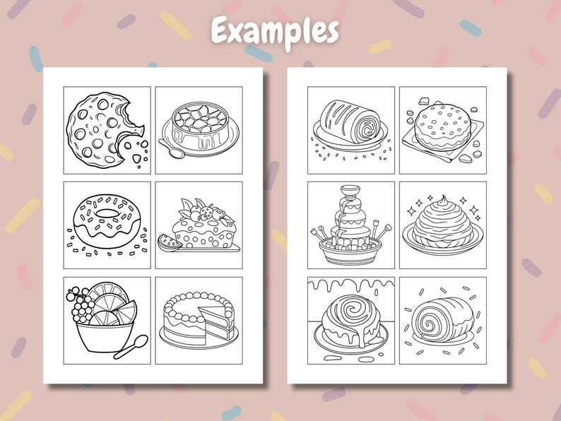 Peut inclure: Illustrations en noir et blanc de divers desserts, dont un biscuit avec une bouch&eacute;e, une gel&eacute;e, un beignet, un g&acirc;teau, un bol de fruits, une part de g&acirc;teau, une fontaine de chocolat, une p&acirc;tisserie, un roul&eacute; &agrave; la cannelle et une p&acirc;tisserie roul&eacute;e. Le mot "Exemples" est en haut.