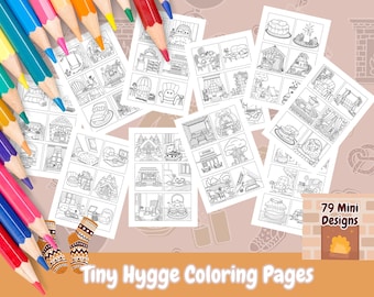 Bold and Easy Tiny Hygge Coloring Pages, 79 Mini Designs, Kids and Adult Coloring, Cozy Hygge Coloring, Instant Download, Coloring Pages