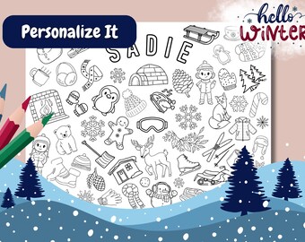 Personalized Winter Coloring Page, Holiday Coloring Page, Custom Printable Coloring Page, Kids Holiday Activity, Name Coloring Page, Snow