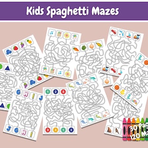 May include: A set of 30 printable pages with 120 kids' spaghetti mazes. The mazes feature various themes, including shapes, letters, numbers, fruits, vegetables, and transportation. The pages are black and white and ready to be printed and colored.