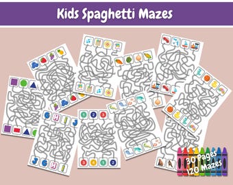 Spaghetti Mazes For Kids, Maze Activity Pages, Preschool, Kindergarten, Printable, Mazes, Digital Download, Games, Matching Game