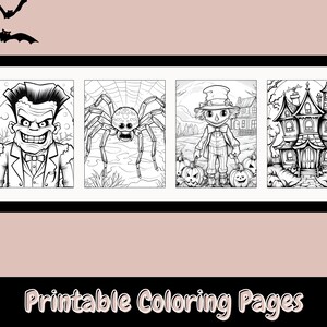 May include: Four black and white Halloween coloring pages. The pages feature a monster, a spider, a scarecrow, and a haunted house.