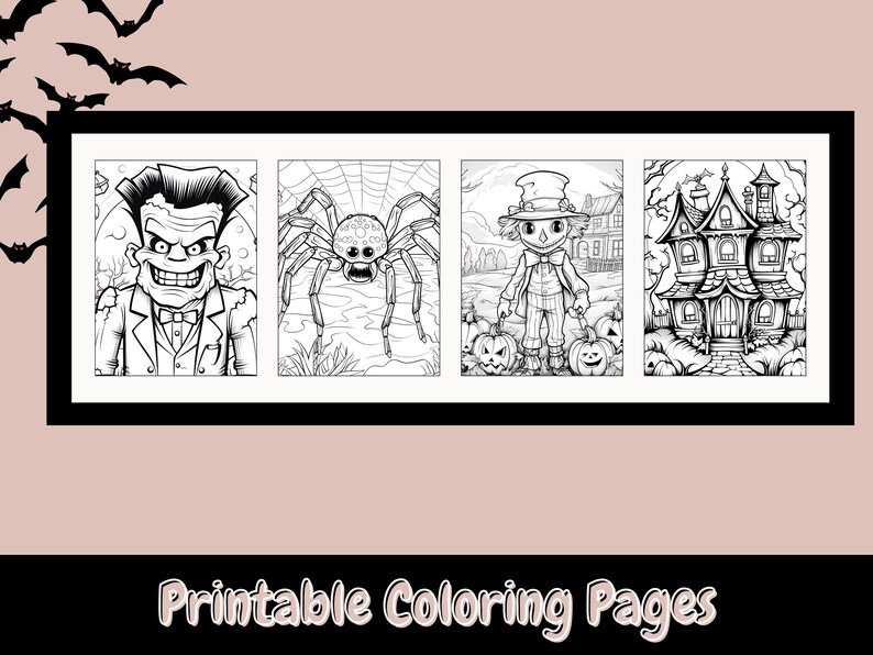 May include: Four black and white Halloween coloring pages. The pages feature a monster, a spider, a scarecrow, and a haunted house.