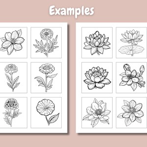 Pu&ograve; includere: Un foglio stampabile con nove disegni in bianco e nero di fiori. I fiori includono una zinnia, una magnolia, un loto e una viola del pensiero.
