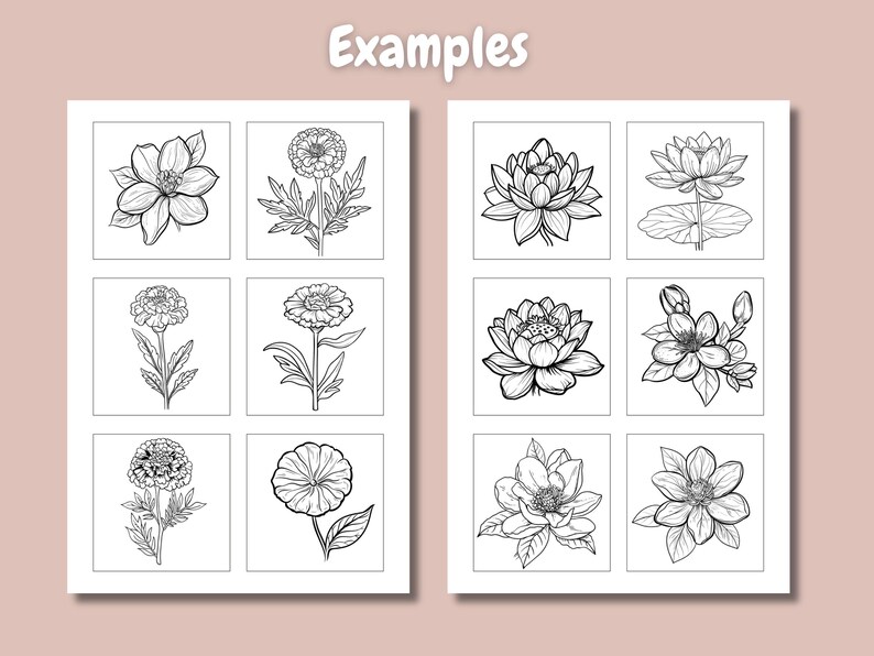 Pu&ograve; includere: Un foglio stampabile con nove disegni in bianco e nero di fiori. I fiori includono una zinnia, una magnolia, un loto e una viola del pensiero.