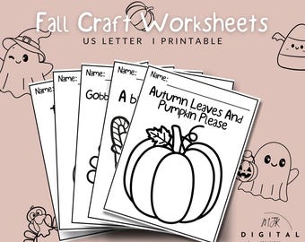 Pode incluir: Uma pilha de folhas de trabalho imprimíveis com tema de outono com ilustrações em preto e branco de abóboras, fantasmas e outras imagens sazonais. O texto na capa diz "Autumn Leaves And Pumpkin Please".