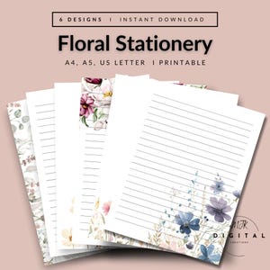 Floral Stationery Set, Printable, Letter Set, Writing Paper, Home Office, Journal, Planner, Scrapbook Paper, Lined Paper