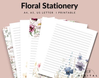 Bloemen briefpapierset, afdrukbaar, brievenset, briefpapier, thuiskantoor, dagboek, planner, plakboekpapier, gelinieerd papier