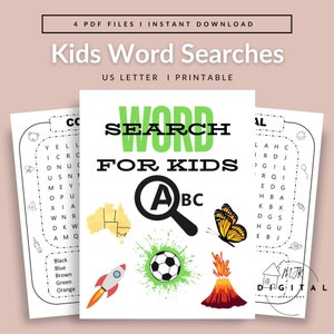 Kids Word Search Puzzles, Printable Puzzle Set, Instant Download, 100 Word Search, Puzzles For Kids, Kids Games, Classroom Activities
